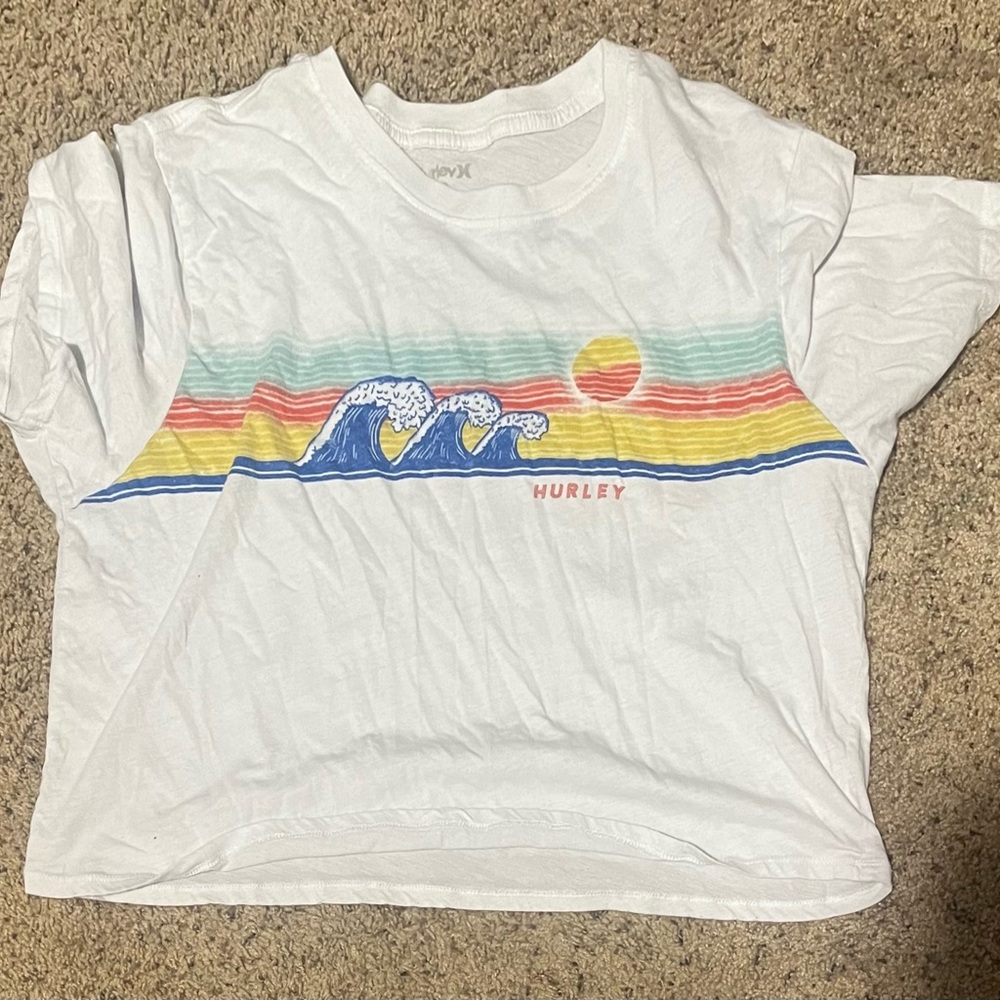 Hurley White Tee with Colorful Wave and Sun Design